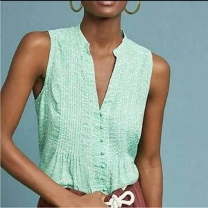Anthropologie Maeve Mint Petunia Pin-tuck Sleeveless Blouse with Pattern